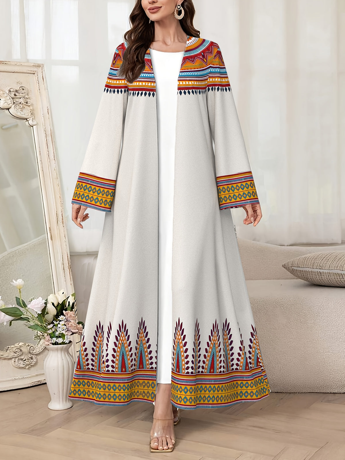 Middle East Dubai Muslim Women's Abaya Robe, Fashionable Floral Print Loose Long Cardigan, Elegant Outerwear - Mixed colors