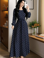 Polka Dot Printed Women'S Fashion Dress with Round Neck, Long Sleeves, Belted Waist Design, Elegant Long Dress Suitable for Spring And Autumn, Perfect for Festivals And Travel - Navy Color