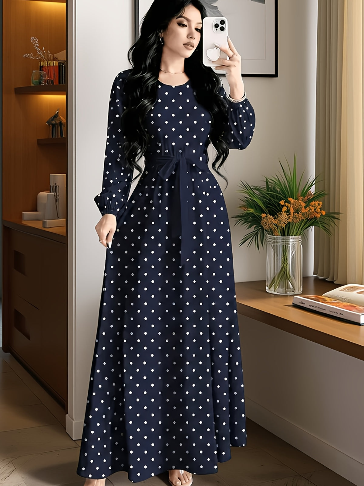 Polka Dot Printed Women'S Fashion Dress with Round Neck, Long Sleeves, Belted Waist Design, Elegant Long Dress Suitable for Spring And Autumn, Perfect for Festivals And Travel - Navy Color