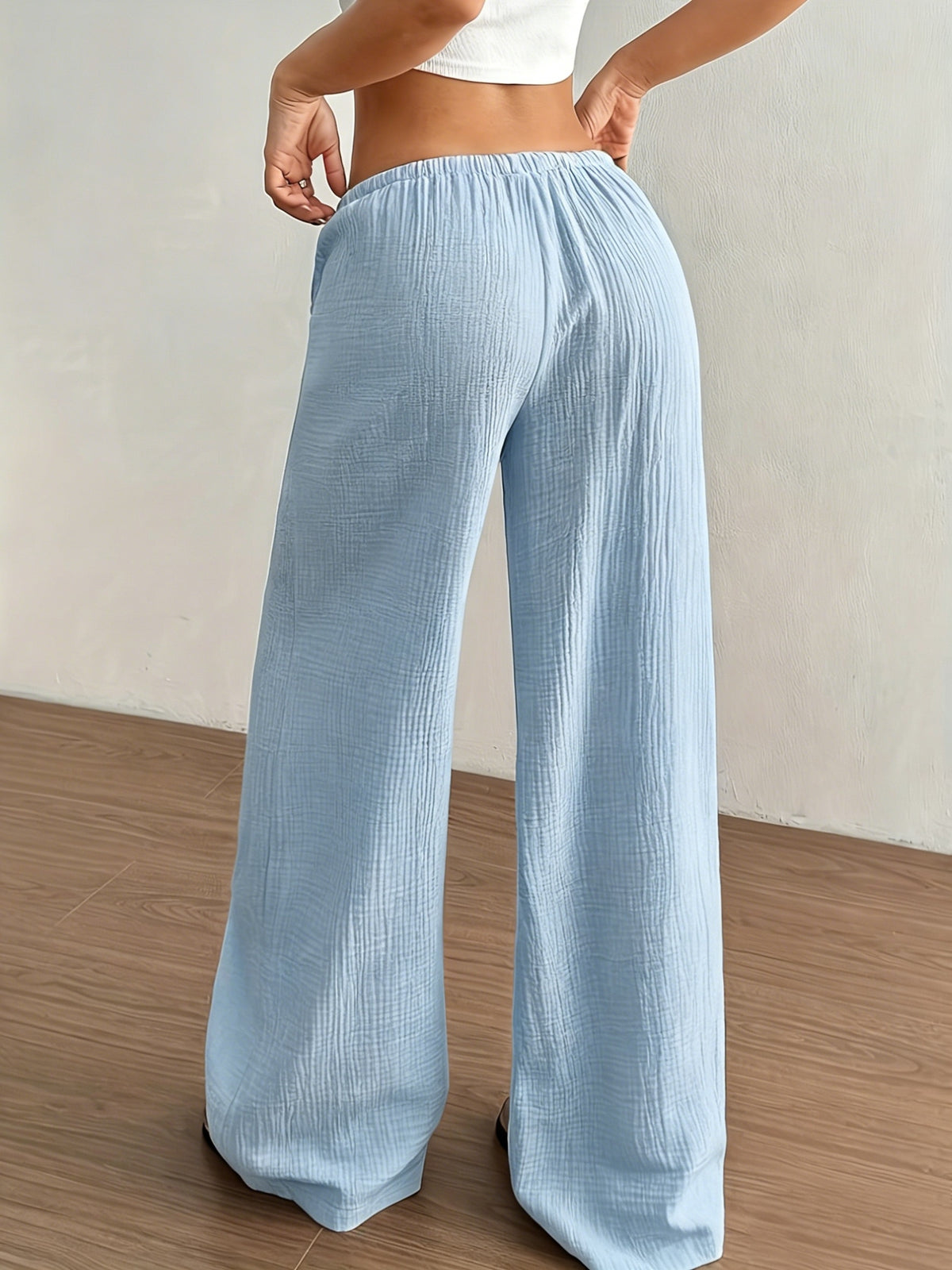 Women's Solid Color Wide-Leg Trousers - Elastic Waist Straight-Leg Pants with Adjustable Drawstring, Lightweight Loose Wide Pants Suitable for Spring Summer Fall, Casual Office Wear, Machine Washable Wide Leg Pants for Blouses - Light Blue