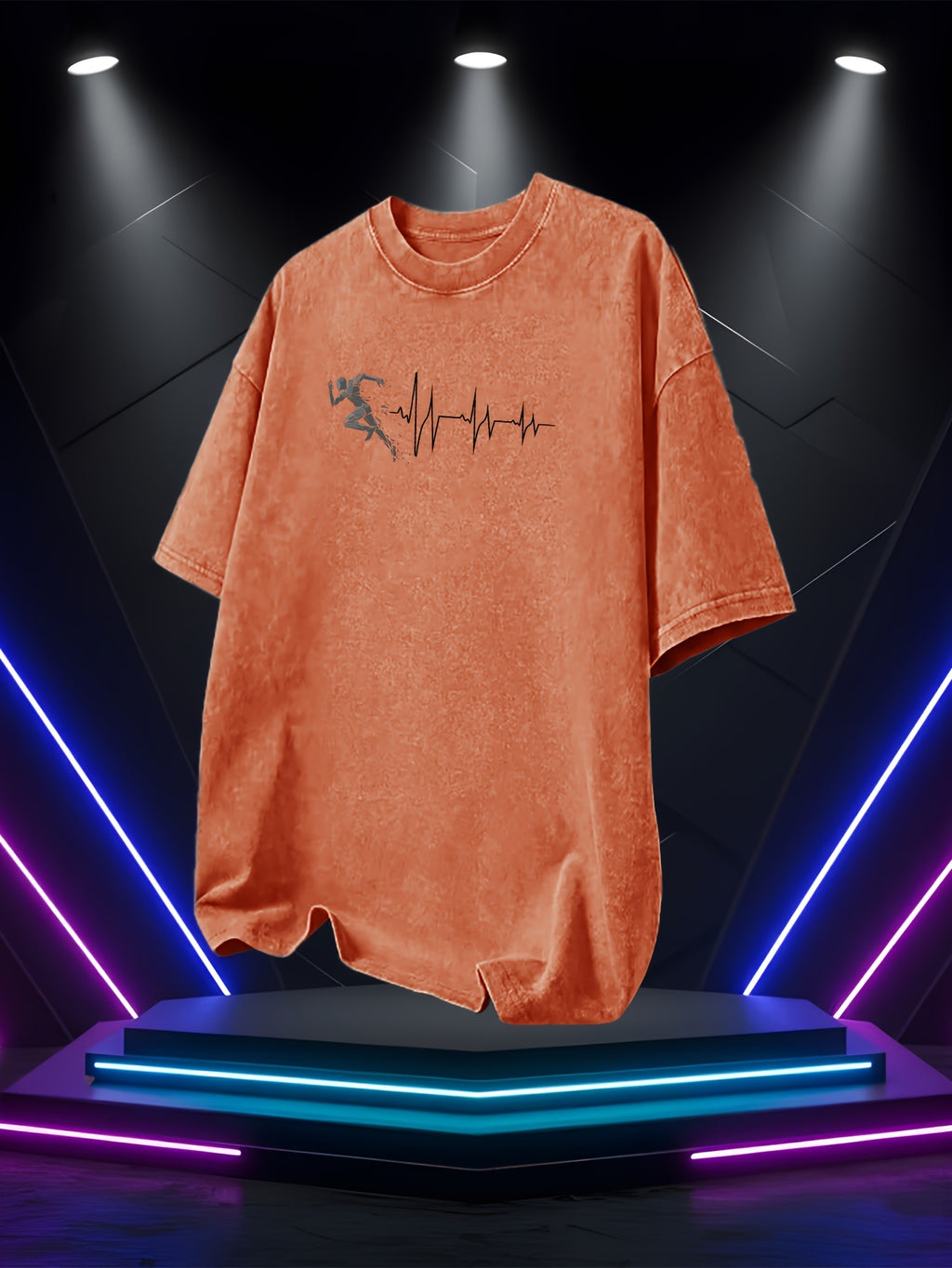 Men's Washed Short-Sleeve T-Shirt, Made of Pure Cotton Fabric That Is Breathable and Skin-friendly. The Relaxed Fit Is Comfortable and Versatile. Features a Creative Print of a Runner on the Front + EKG, Combining Athletic Passion with the Rhythm - Orange