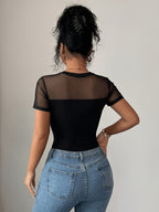 Elegant Mesh Patchwork Bodysuit, Round Neck, Short Sleeve, Fitted - Black