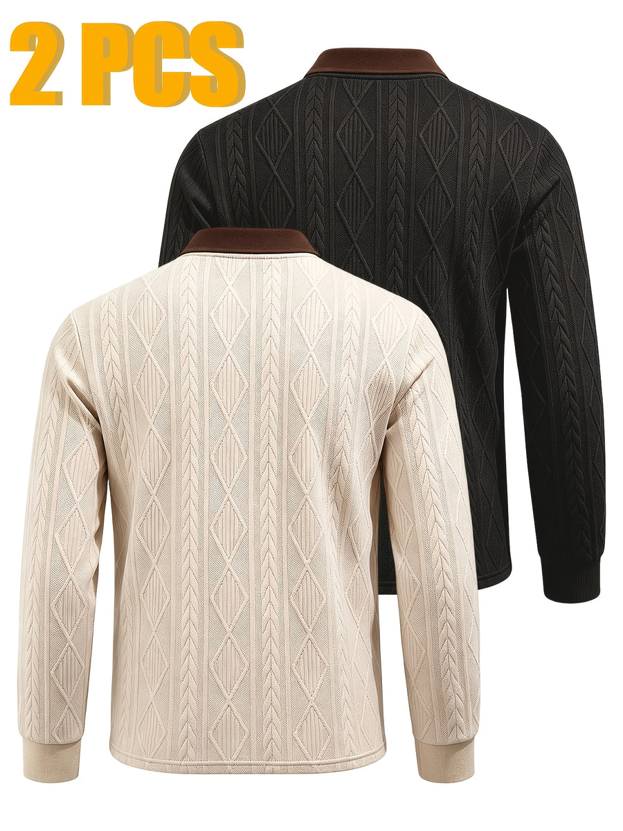 2pcs Men's Fashion Long-Sleeve Polo Shirt | High-End Contrast Color Lapel Jacquard Design T-Shirt | Essential Golf Polo Outfit | Breathable, Warm, Skin-Friendly, and Comfortable | for Indoor Gatherings and Outdoor Sports | Wardrobe Essential Casual - Apricot+Black