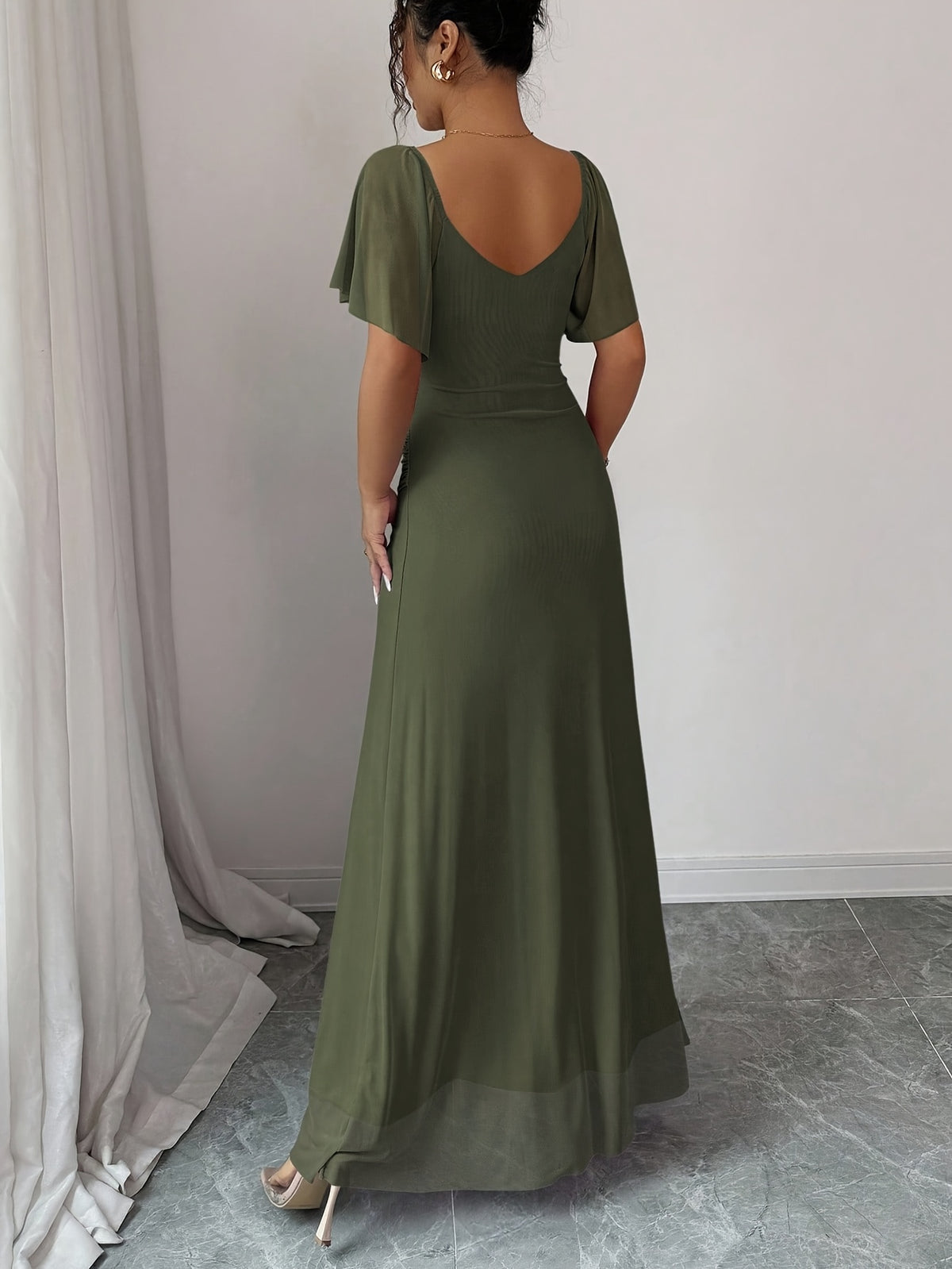 Women'S Solid Color V-Neck Ruffled Mesh Panel Waist Slit Dress, Elegant Bridesmaid Gown, Party Dress, Spring/Summer Style - Army Green