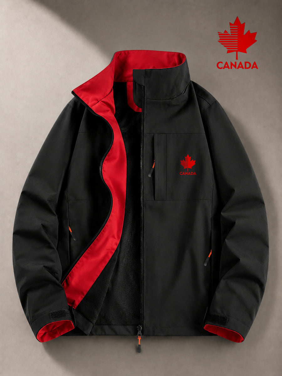 Outdoor Windproof Jacket with Maple Leaf Print, Softshell Fabric, Men'S Casual Hiking Coat, One-Piece Design - Black