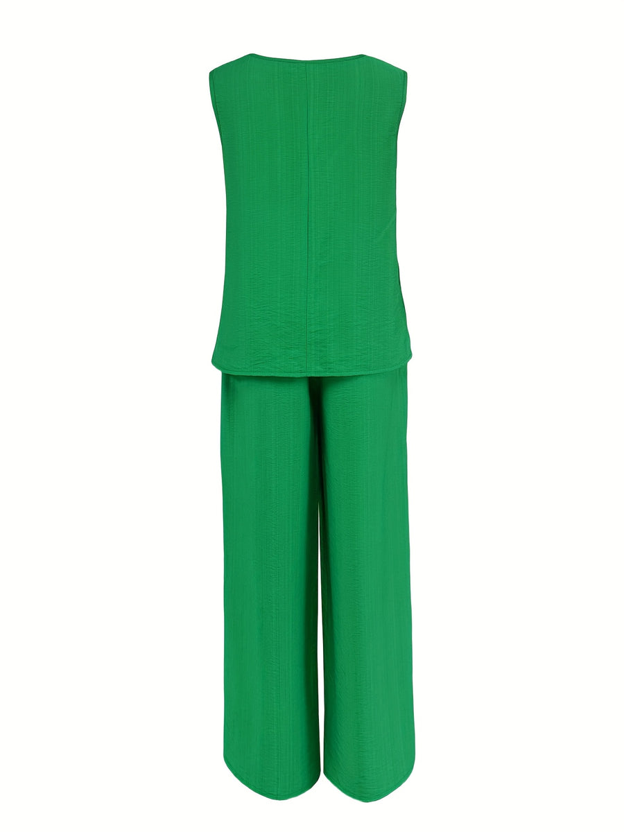 Women's Casual 2pcs Set Solid Color Loose Sleeveless V-Neck Tank Top + Wide-Leg Pants - Green