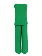 Women's Casual 2pcs Set Solid Color Loose Sleeveless V-Neck Tank Top + Wide-Leg Pants - Green