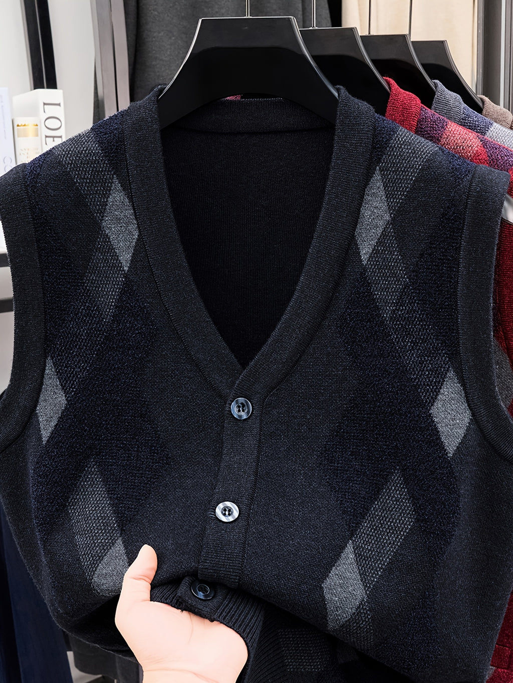Men's Business Casual Button-Up Knit Sweater Vest - Black Gray HYX