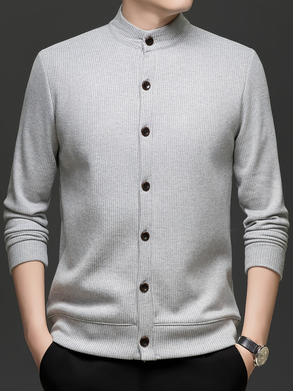 Men'S Stand Collar Knit Cardigan Fleece Thickened Jacket Casual Vertical Stripe Button-Up Top - Light Grey