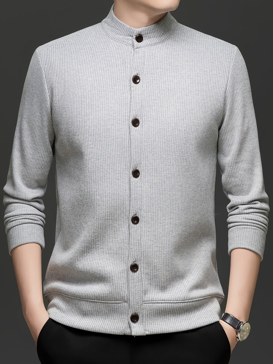 Men'S Stand Collar Knit Cardigan Fleece Thickened Jacket Casual Vertical Stripe Button-Up Top - Light Grey