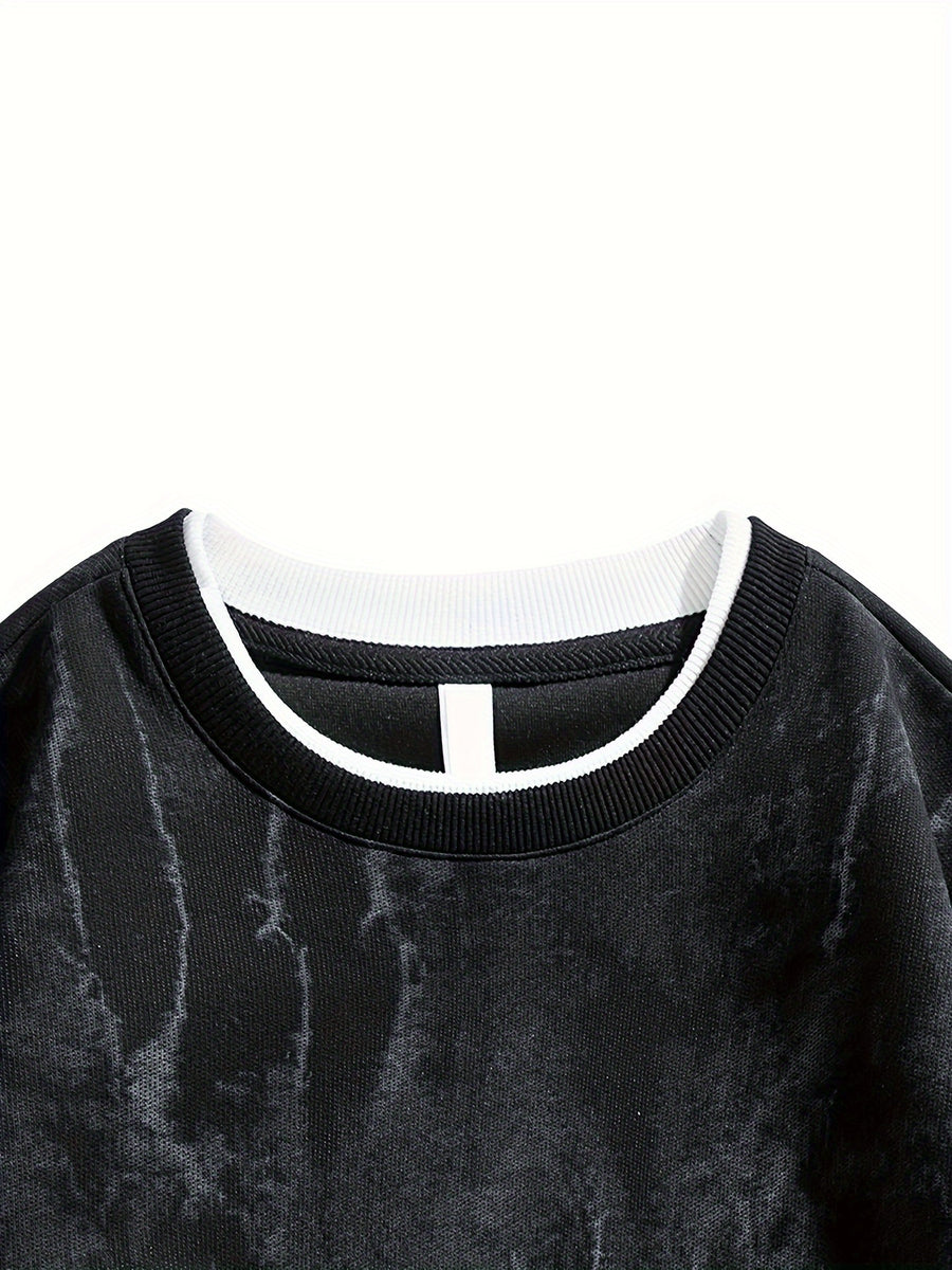 Autumn And Winter New Men'S Trendy Round Neck Sweatshirt, 320 Gram Blend Tie-Dye Sweatshirt, Fashionable Fake Two-Piece Pullover - Black