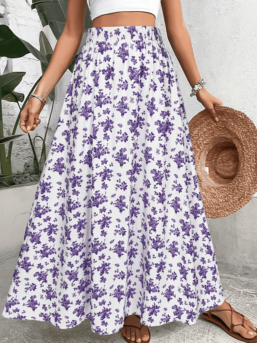 1pc Women'S Floral Print Elastic High-Waist A-Line Skirt - Violet