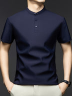 Summer Short-Sleeve T-Shirt for Men, Featuring a Solid Color, Breathable Fabric, And a Small Stand-Up Collar - Deep Navy Blue