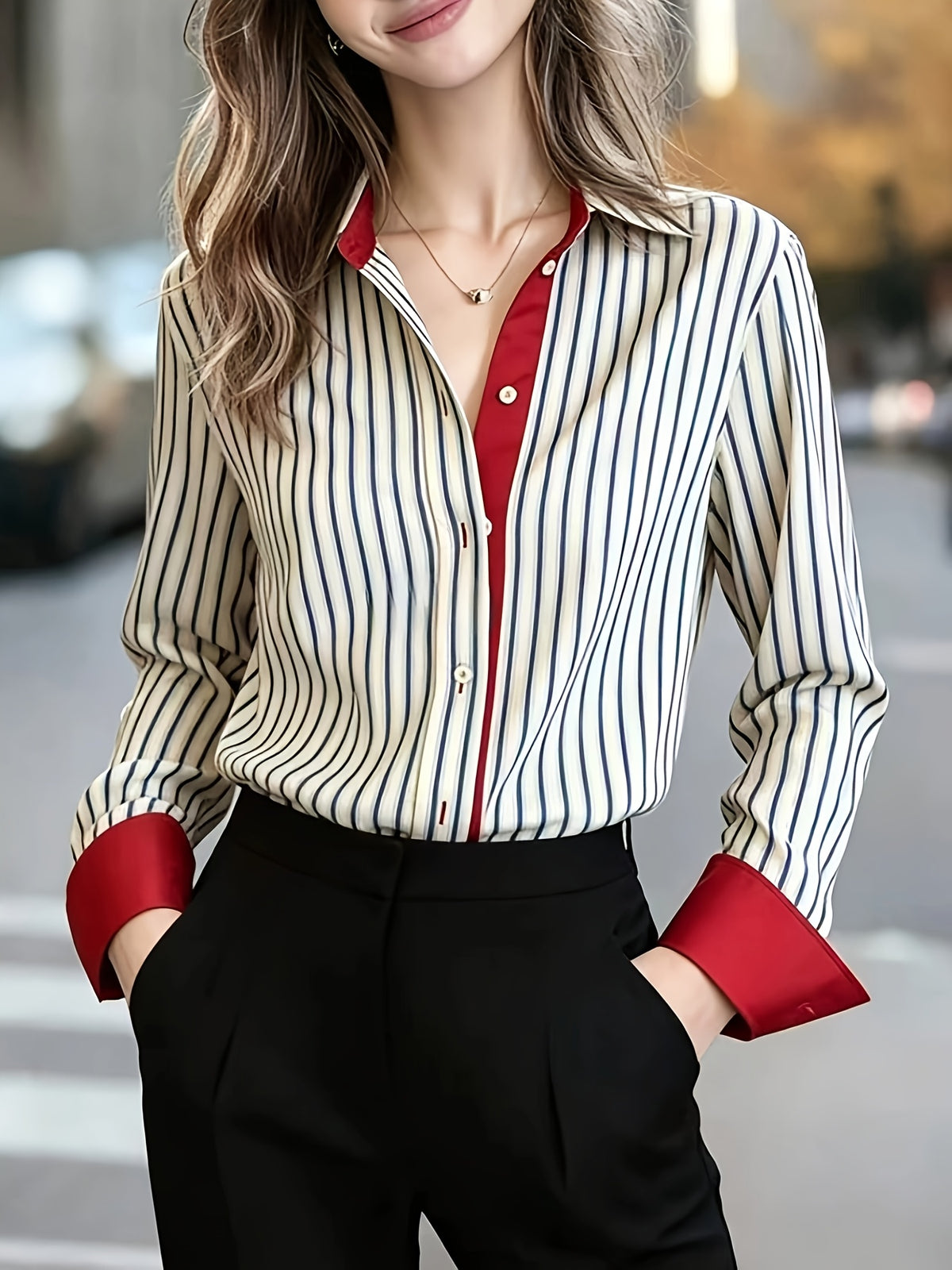 Elegant Women's Long-sleeve Top, Red Shirt with Irregular Trim, Blue and Red Pattern Top, Graceful French-style Cagoule Blouse, White for Spring Daily Wear - Stripe