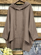 Plus Size, Plus Size Women's Hooded Shirt, Solid Color Irregular Hem Loose Fit Casual Shirt Top - Khaki
