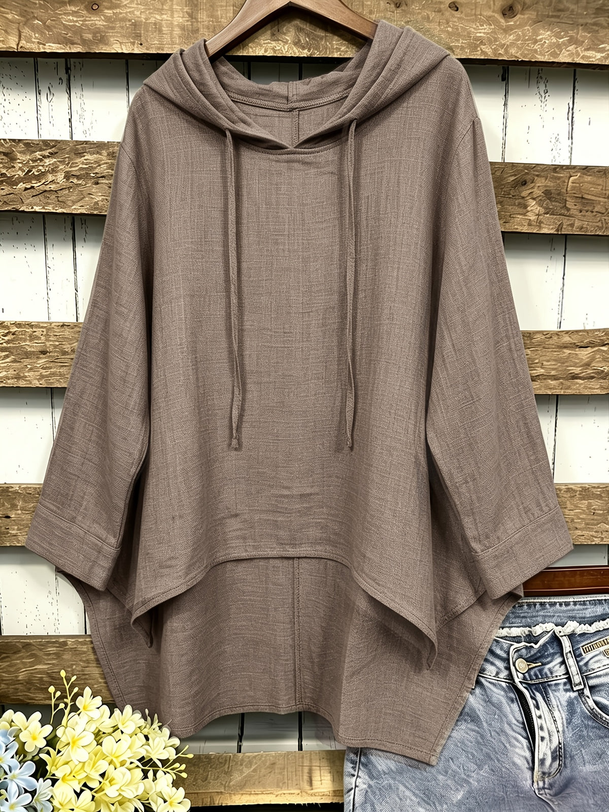 Plus Size, Plus Size Women's Hooded Shirt, Solid Color Irregular Hem Loose Fit Casual Shirt Top - Khaki
