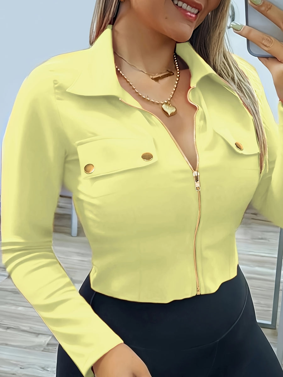 Women's Slim-Fit Lapel Zip Casual Solid Long Sleeve Shirt - Yellow