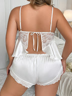 Sexy Pure Desire Lace Patchwork Solid Suspender Top And Shorts 2pcs Set Lingerie - White