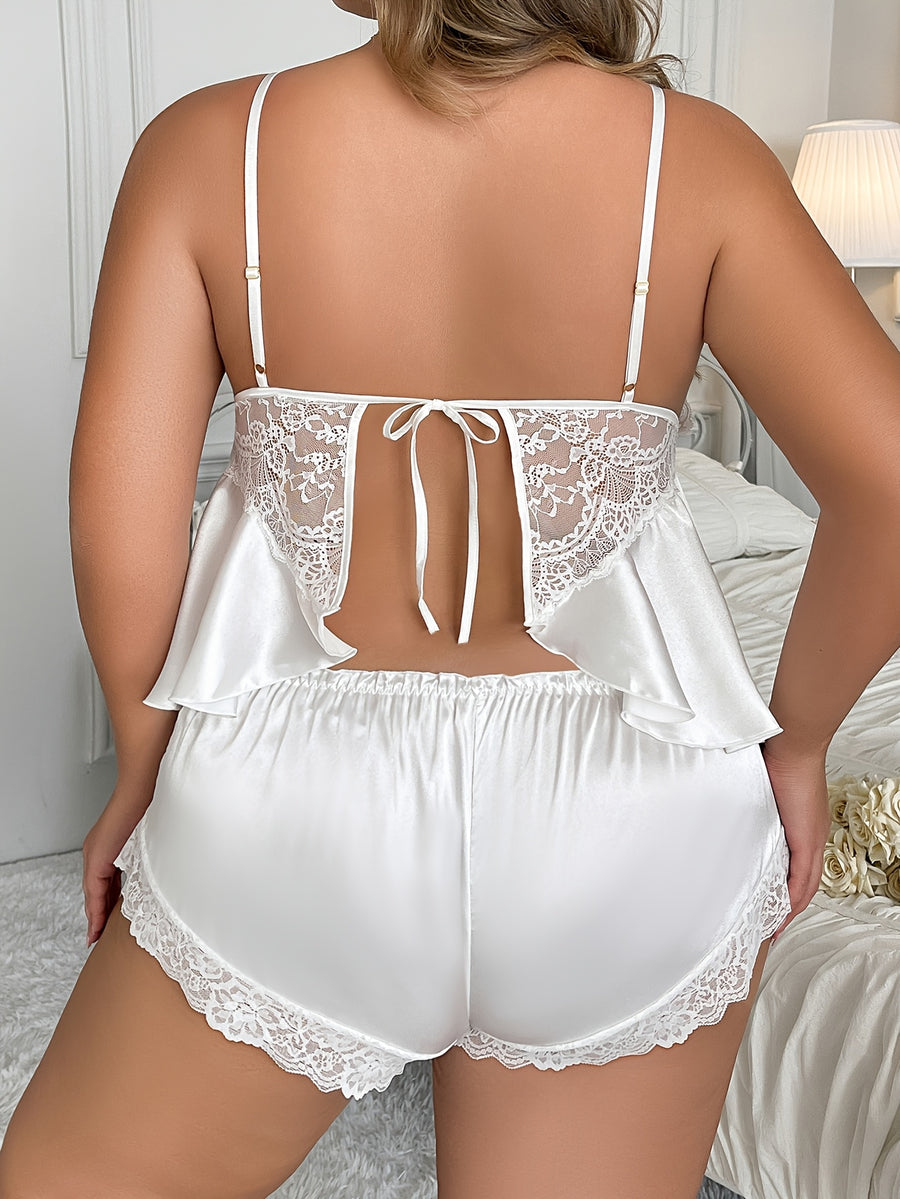 Sexy Pure Desire Lace Patchwork Solid Suspender Top And Shorts 2pcs Set Lingerie - White