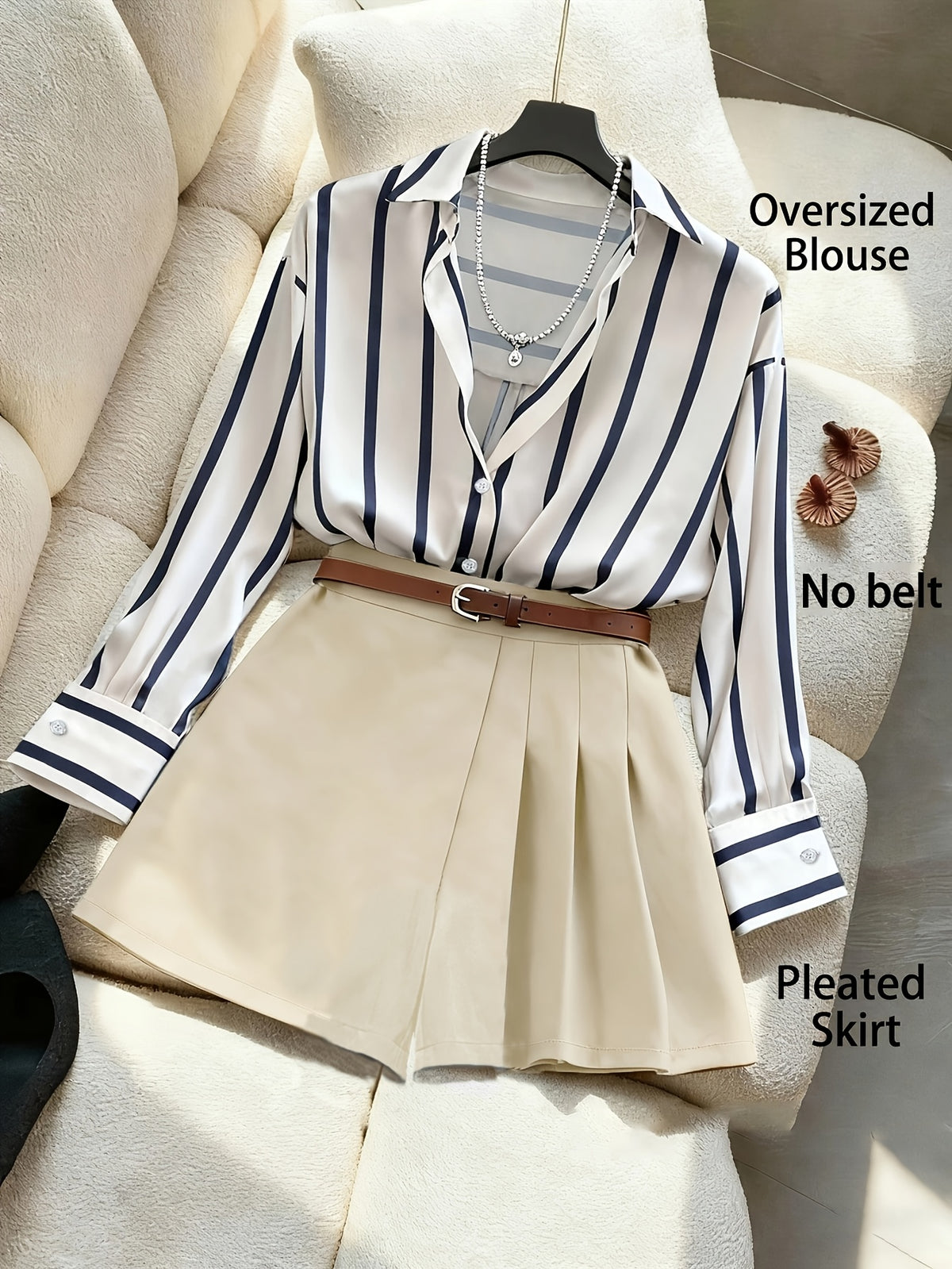 [Development ZD251208042] Glovely Striped Shirt + Asymmetrical Pleated Skort Elegant Women's 2pcs Set - Apricot
