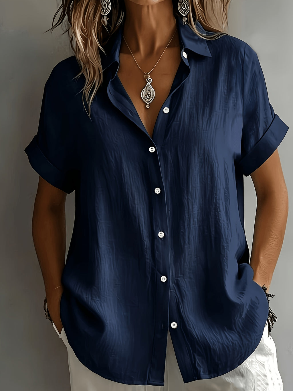 Women's Elegant Vacation-style Short-sleeve Top, Loose and Relaxed Shirt, Commuting Casual Literary Style, Figure-flattering, Daily Temperament Style, Loose and Draping, Breathable and Comfortable - Navy Color