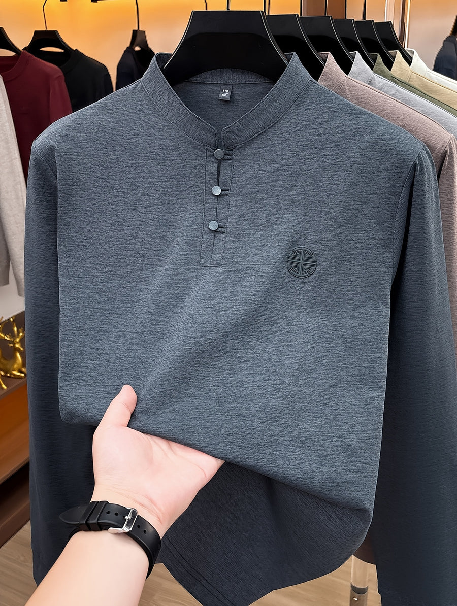 Men's Long-Sleeve T-Shirt with Chinese-Style Stand-Up Collar and Three Buttons, Spring/Autumn Fit Style Casual Base Layer Top - Dark Gray