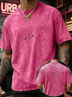 Men'S Heavyweight Washed T-Shirt Minimalist Airplane Line Art Print High Street Vintage Distressed Tee 2026 Summer Casual Urban Wear - Rose Red