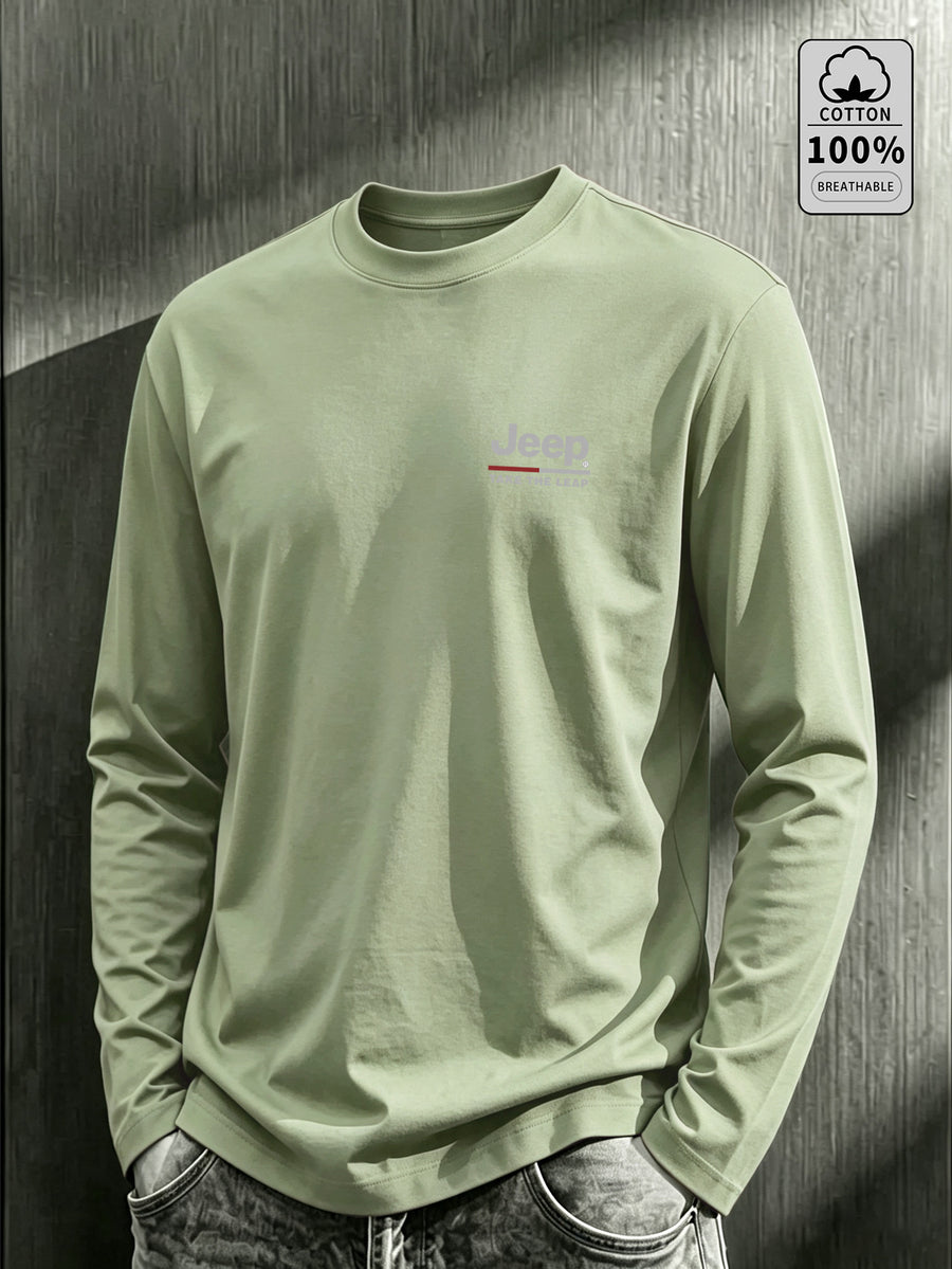 JEEP Men's Pure Long-Sleeve T-Shirt, 210g, Crew Neck, Solid Color, Wear-Resistant, Breathable, for Spring/Autumn Casual and Sports as a Base Layer Top - Palm Green