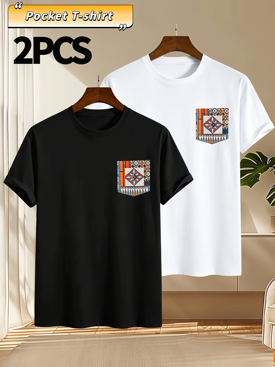 2pcs Men's Round Neck Pocket Short-Sleeve T-Shirt, Suitable for Summer Outdoor Casual Wear, Versatile Casual Knit Top, Men's Casual Pocket Design Sport T-Shirt - Black+Light White