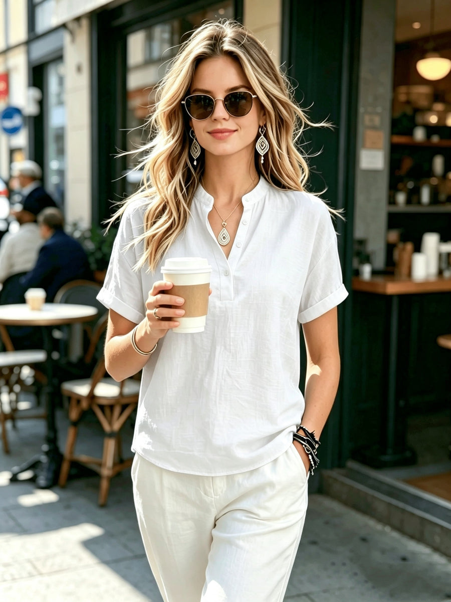 Ladies' Casual Solid Color Short Sleeve Shirt, Versatile Commuting Style Top, Loose And Comfortable, Lightweight And Breathable - Ivory White