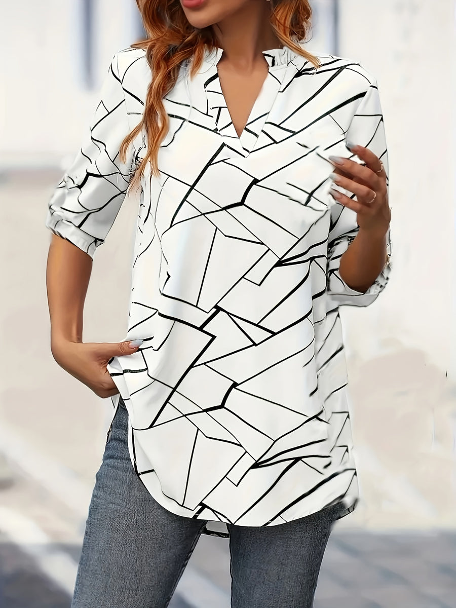 Elegant Geometric Pattern V-neck Pullover Half-sleeve Shirt - White