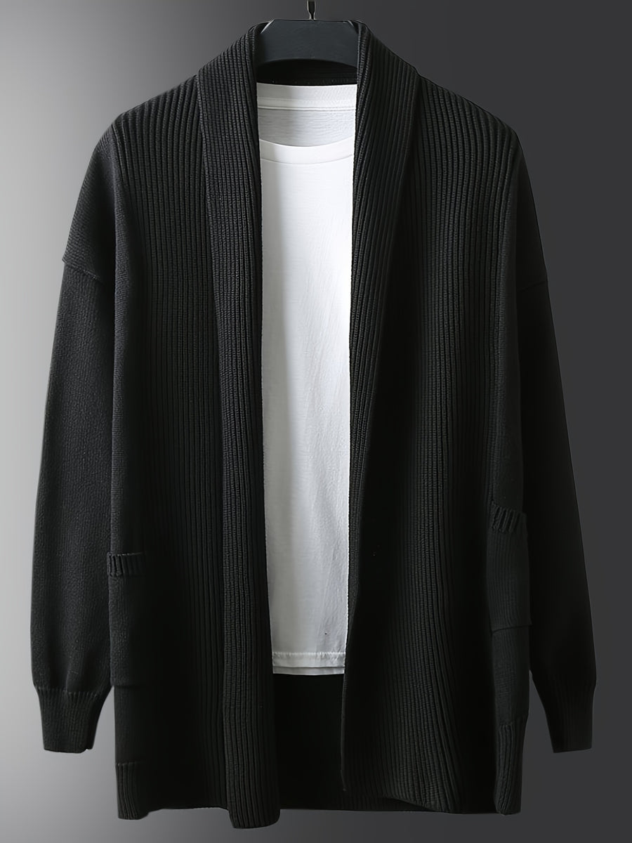 Men's Mid-Length Cardigan Sweater, New Style Korean Fashion Knitwear for Autumn/Winter, Solid Color Stylish Men's Outerwear, Student's Top, Men's Spring/Autumn Casual Loose Fashion Jacket, Trendy Knitted Outerwear for Young and Middle-Aged Men - Black