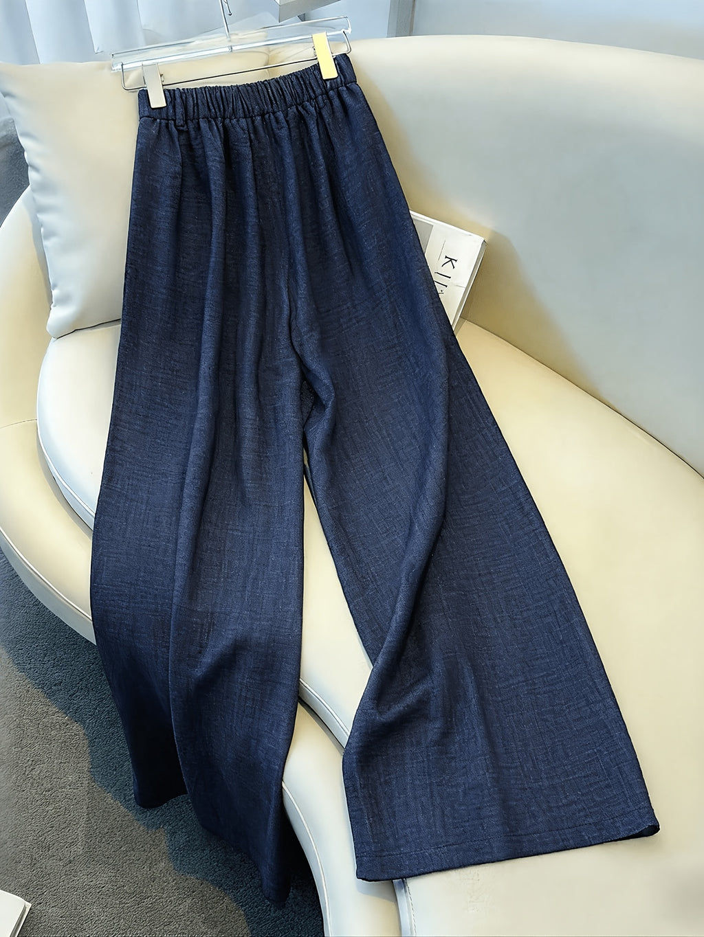 Women's Navy Blue Exquisite Pleated Wide-Leg Casual Pants with Pockets, Adorned with an Elegant Printed Trim Band, Suitable for Daily Leisure, Vacations, Formal Occasions, Birthday Gifts, Spring/Summer Wear ASD1 - Sea Blue