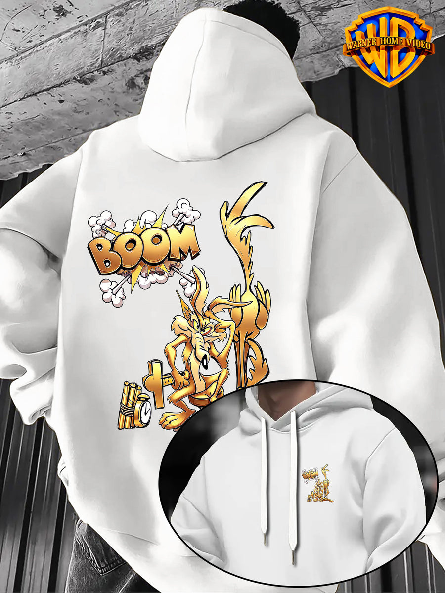 Warner Bros Official 1pc, Vintage Monochrome Gilded Original Art BOOM Exploding Crooked Heart Wolf Cartoon Streetwear Hoodie - Men's Fashion Hoodie, Double-Sided Front and Back Print, Adjustable Drawstring Loose and Comfortable Sweatshirt - White