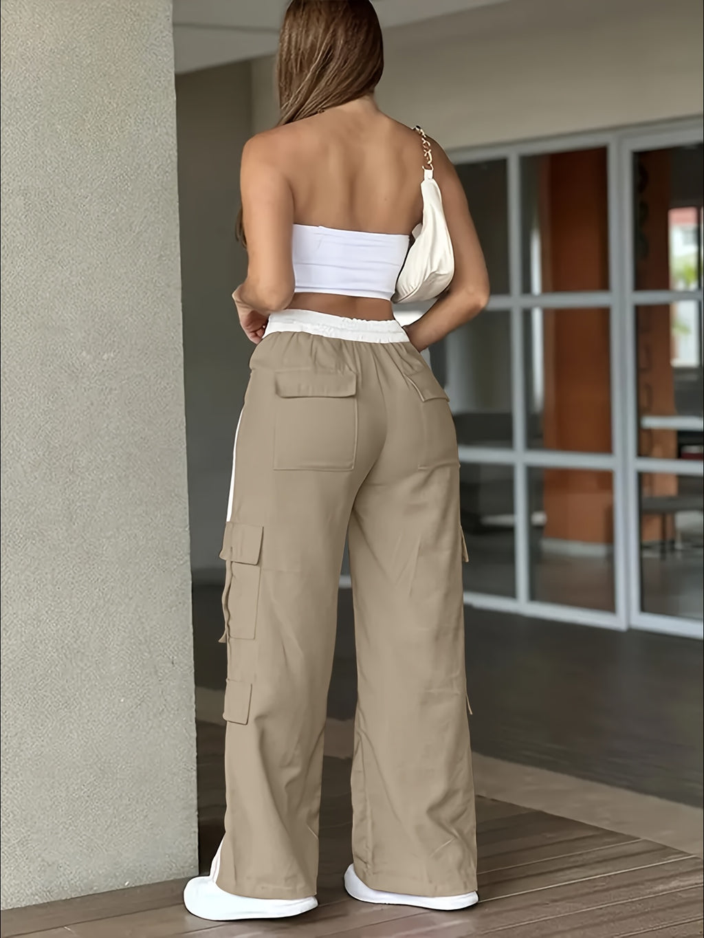 Women's Heavy-Duty Pants (Cargo Pants) with Piping Stripe & Large Cargo Pockets - Full-Length Heavy-Duty Pants for, Outdoor, Workwear - Beltless Design, All-Season Casual Wear (No  Compatible) - Attire - Khaki