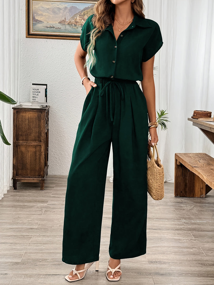 Women'S Spring Summer Fall Solid Basic Wide-Leg Jumpsuit - Dark Green