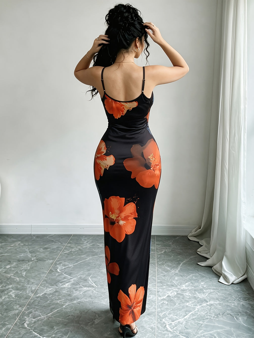 Women'S Adjustable Strap Printed Cami Dress, High-Waist Cinched -Lifting Long Skirt, Stretchy And, Suitable for Beach Vacation/Music Festival/Casual Date Wear - Egg Yolk