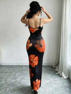 Women'S Adjustable Strap Printed Cami Dress, High-Waist Cinched -Lifting Long Skirt, Stretchy And, Suitable for Beach Vacation/Music Festival/Casual Date Wear - Egg Yolk