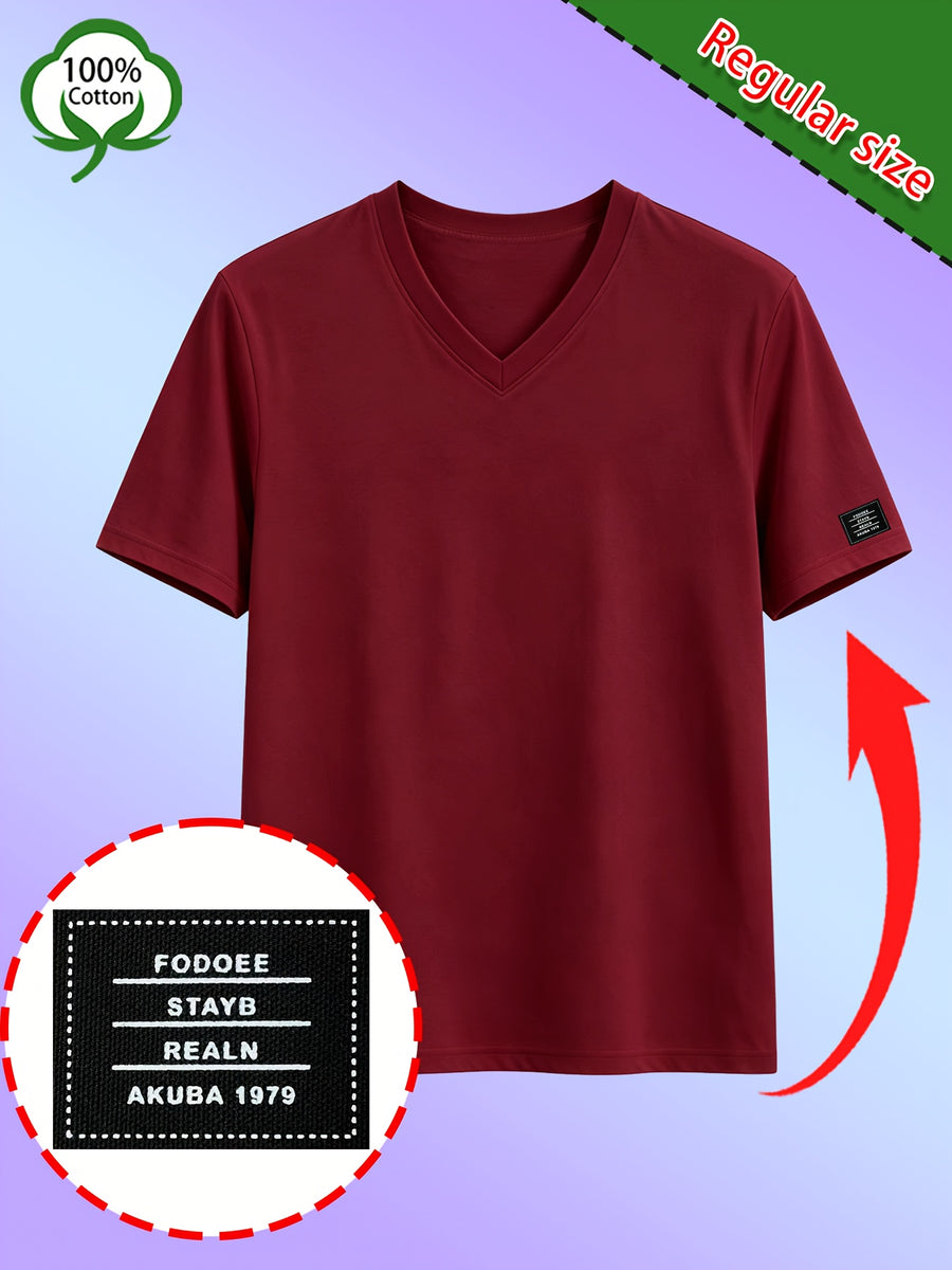Men's High-Quality 100% Cotton V-Neck T-Shirt, Colorfast Washed, Resists Shrinkage and Fading, Solid Color Short-Sleeve Top for Middle-Aged Men, Suitable for Naps, Walks, Home, and Outdoor Wear - Burgundy