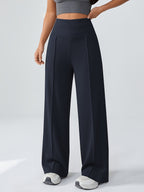 Spring And Autumn Women'S Casual Versatile Wide-Leg Pants (2 Pockets) High-Waisted Elastic Waist Design Straight-Leg Long Pants Breathable Loose Daily Commute Outerwear Comfortable Women'S Pants - Navy Color