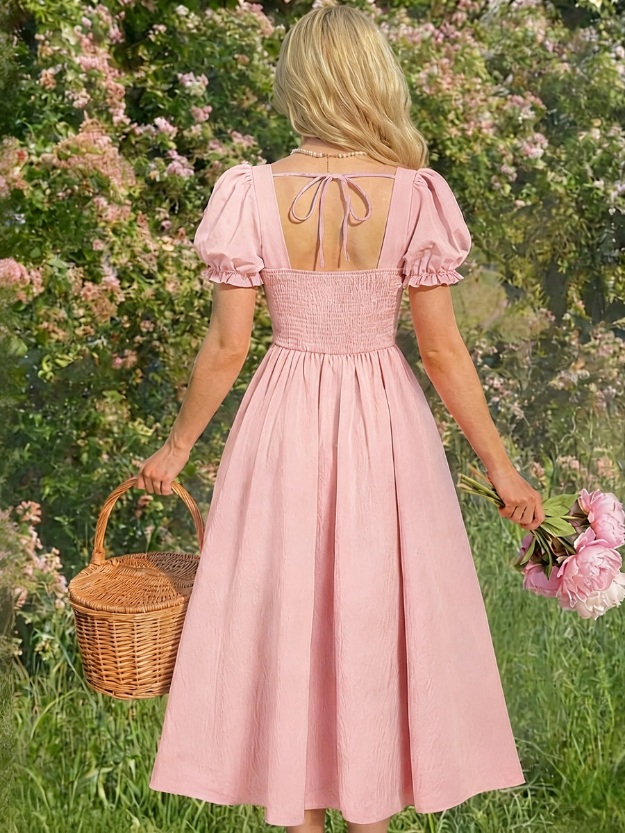 Directional French Country Style Sweet Elegant Women'S Dress Solid Color Cutout Neckline Dress - Pink