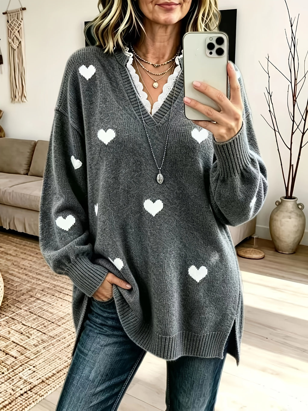 Plus Size - Women'S Elegant Lace Patchwork Sweater, Cute Heart Embroidery Women'S Sweater, Suitable for Autumn And Winter, Loose Fit Long Sweater, Suitable for Commute And Date Outfits - Grey