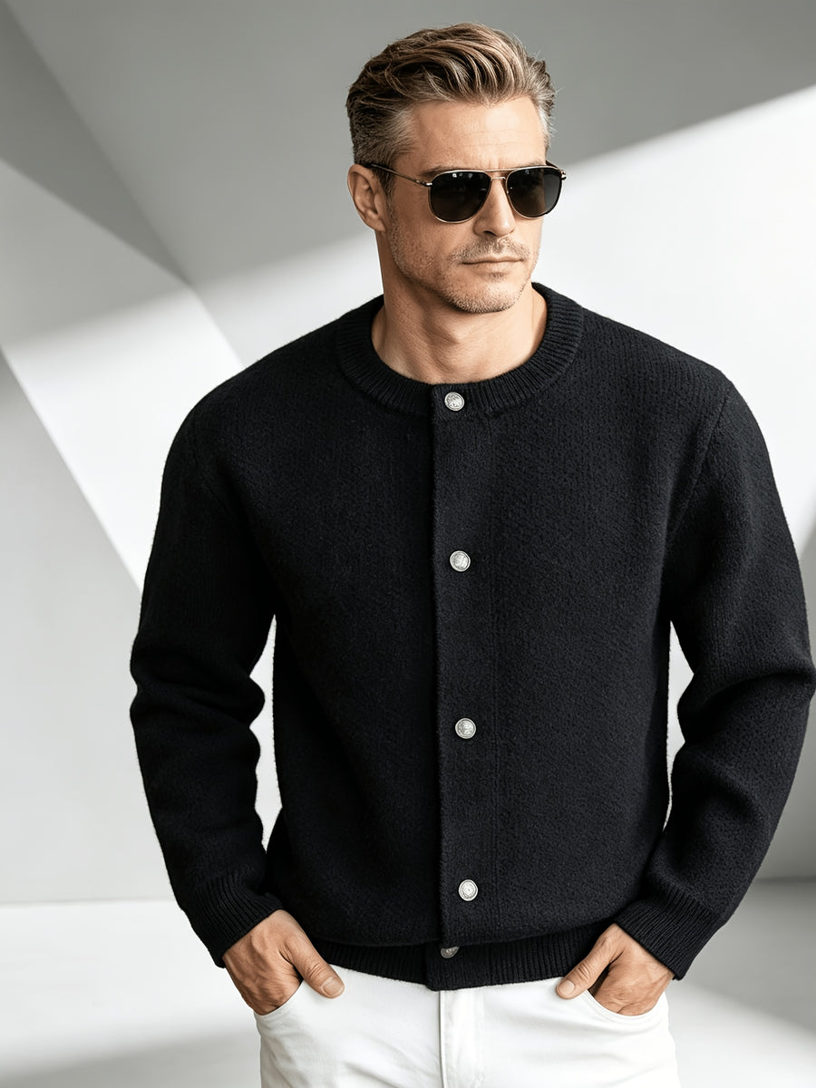 2026 New Fashionable Business Mature Casual Men's Crew Neck Single-Breasted Knit Cardigan, Ribbed Cuffs and Hem Loose Long-Sleeve Knit Outerwear, Suitable for Daily, Office, and Weekend Outings in Autumn and Winter - Black