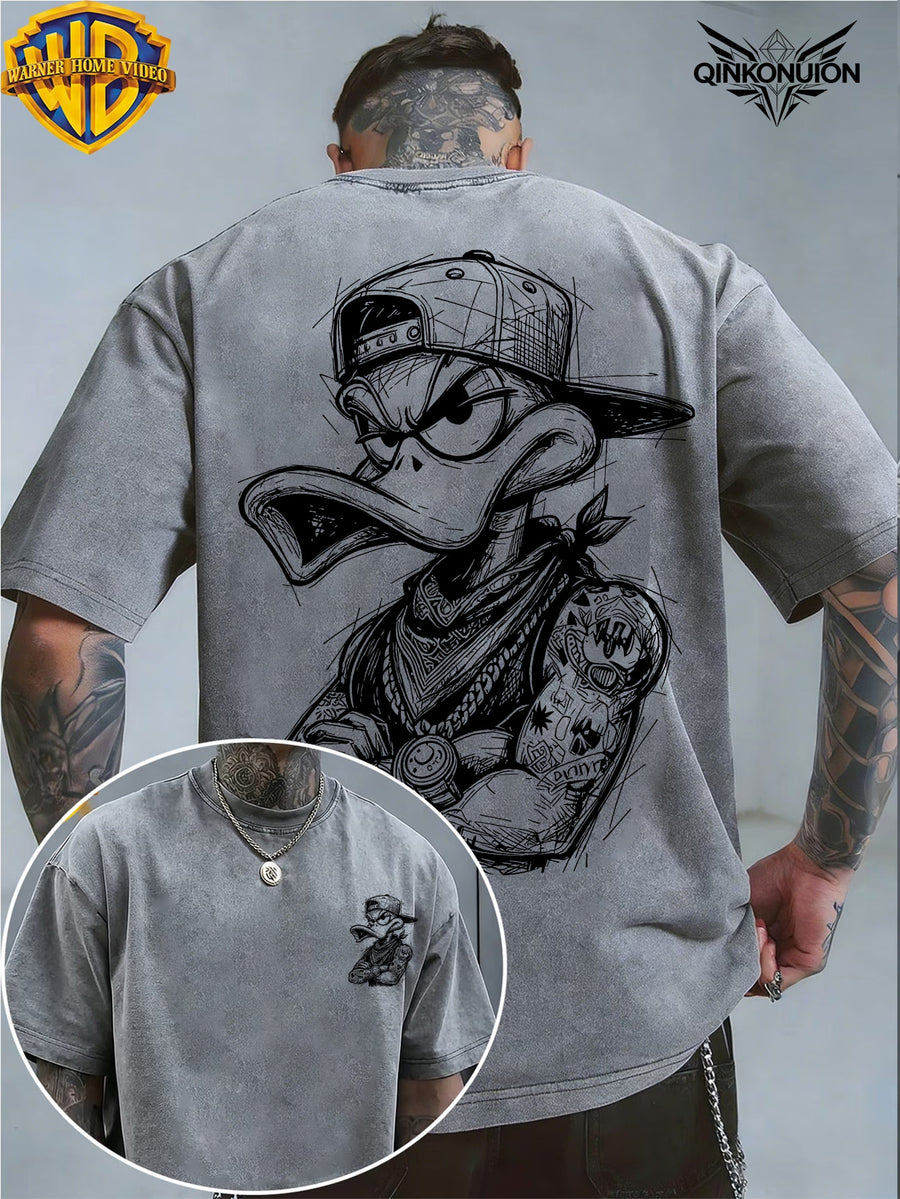 Warner Exclusive Licensing, Printed Design Men'S Summer Loose Round-Neck Commuter Short Sleeve T-Shirt, Suitable for Summer Wear, Ideal for Outdoor Activities, Fitness, Parties, Holidays, Office Wear, And Daily Outfits, Casual Washed T-Shirt - Grey