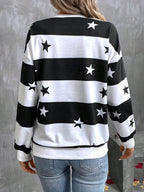 Women's Elegant Striped Star Print Long-Sleeve T-Shirt - Non- Blouse-Compatible Top Suitable for Seasons, Machine Washable Opaque Shirt for Layering, Casual & Professional Wear, Year-Round Wardrobe Essential - Black