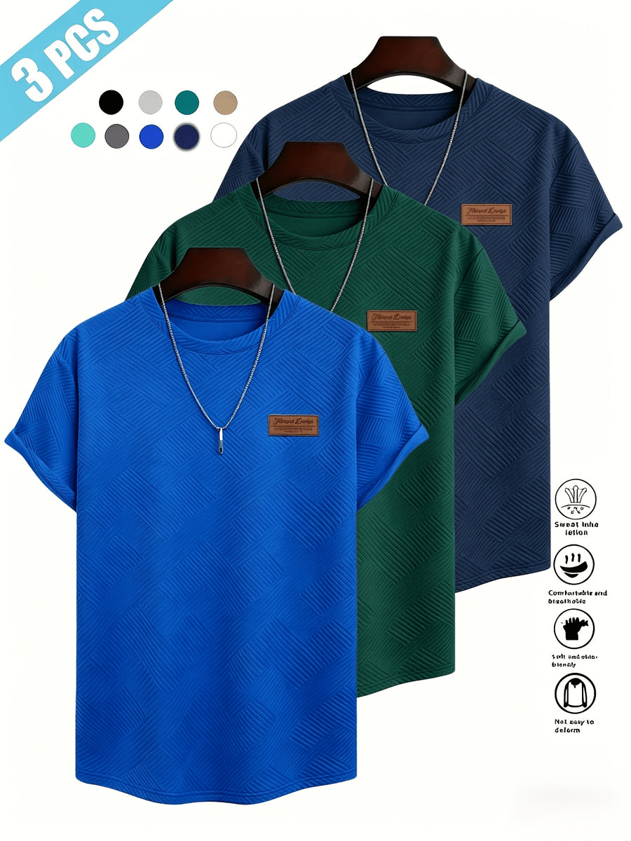 [Villa Le Water OBM] 3pcs Set Men'S Summer Fashion Round Neck T-Shirt, 3D Geometric Pattern Men'S Top, Comfortable And Versatile Short Sleeve, Suitable for Outdoor Street, Daily Casual, Outdoor Sports - Royal Blue + Dark Green + Tibetan Blue