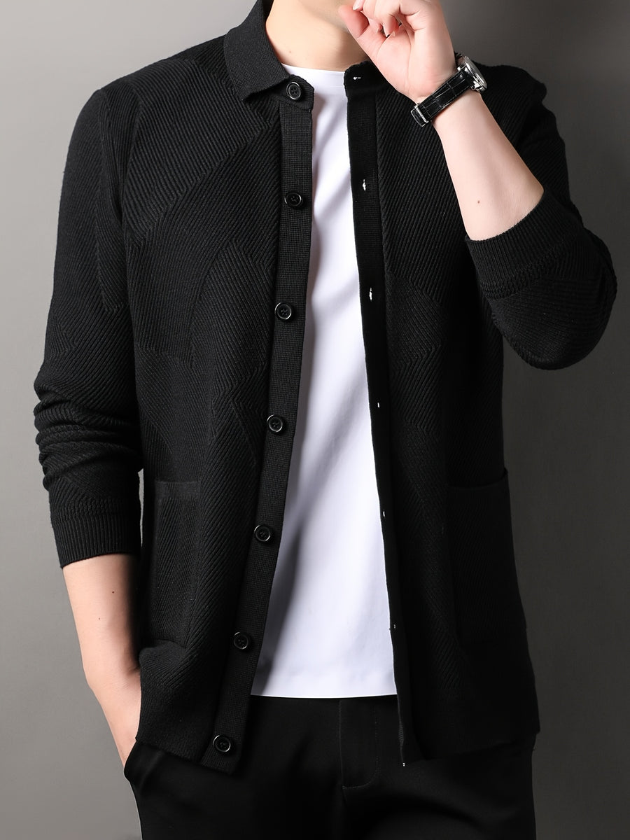 Du Jing Lan OBM Men's Autumn/Winter New Arrival Knitted Cardigan, Old Money Style Solid Color Lapel Pocket Open Front Single-Breasted Knit Cardigan, Men's Business Casual Fashion Open Front Knit Cardigan Top, Suitable for Layering in Spring - Black