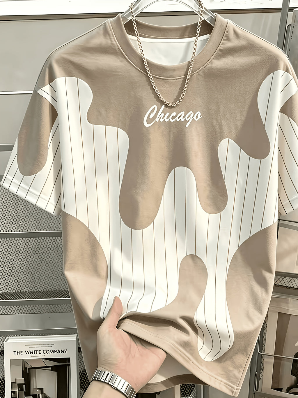 Men'S Casual Round Neck T-Shirt, Geometric Pattern Patchwork Striped Design, "Chicago" Word Pattern, Drapey Fashion Top, All-Season Wear, Breathable Regular Fit for Casual And Formal Outfits - Round Neck Casual Top, Comfortable Wear - Khaki