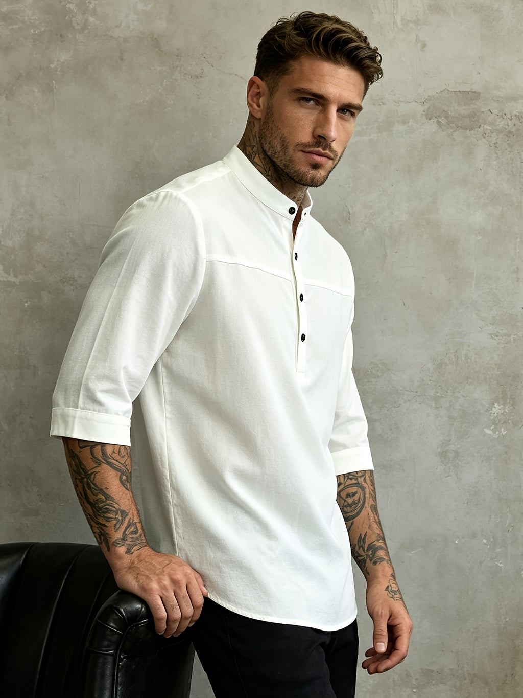 Summer Retro Stand Collar Three-Quarter Sleeve Shirt Men'S Casual Thin Solid Color Henley Collar Mid-Length Shirt - 10225-1899 White