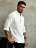 Summer Retro Stand Collar Three-Quarter Sleeve Shirt Men'S Casual Thin Solid Color Henley Collar Mid-Length Shirt - 10225-1899 White